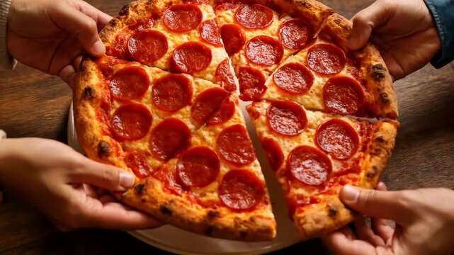 Hands reaching for a delicious pepperoni pizza slice in this high quality motion video clip