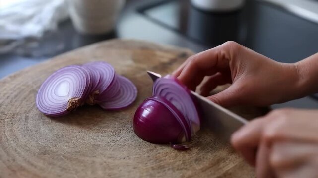 Sharp steel blade slicing fresh purple onion on wooden board for cooking motion video clip