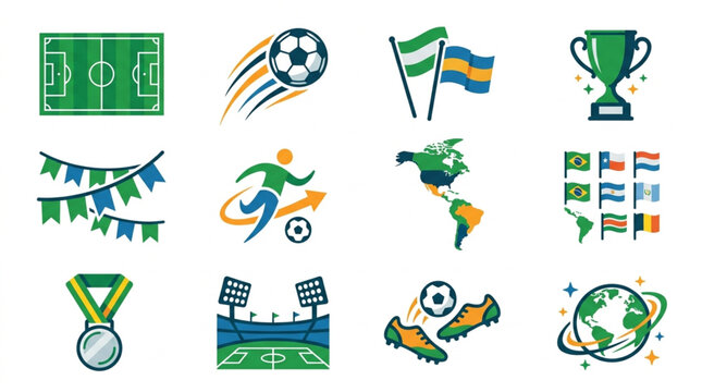 Collection of soccer sport icons and symbols for sports events.