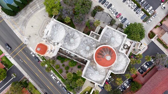 Beautiful Birdseye view of the Basilica at Mission San Juan Capistrano California. Interesting circular shot of a beautifully constructed building.