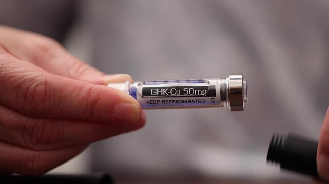 Close-up: GHK-Cu medication is installed into medical injector pen