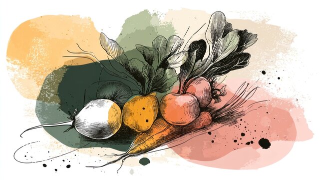 Hand drawn root vegetables are arranged over abstract colorful watercolor washes and splatter textures