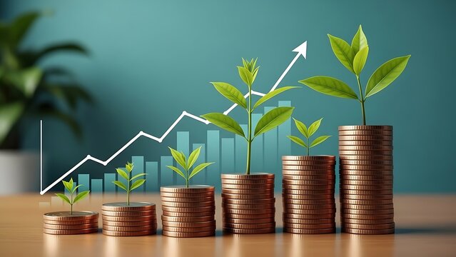 Financial growth concept with stacks of coins and green plants growing on top against a rising arrow chart background