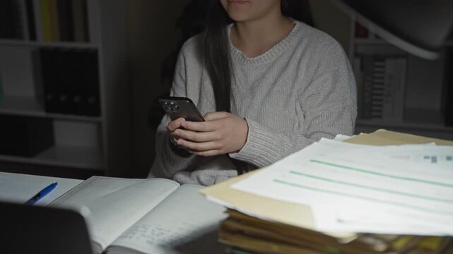 Young chinese woman holding smartphone, hands on device, seated at desk with papers in building; quiet concentration.