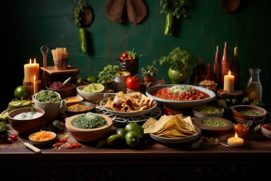 Festive table presenting traditional mexican dips, sauces, nachos, and appetizers by candlelight