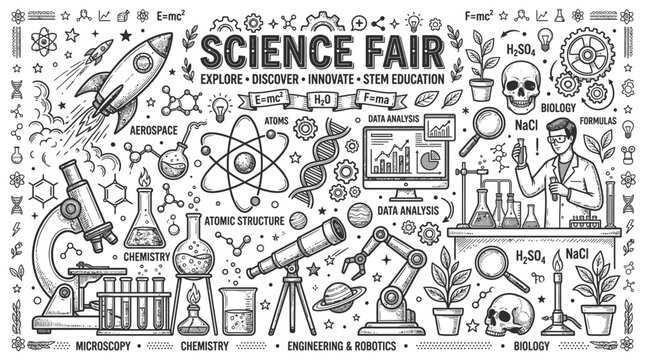 Science fair doodle background featuring laboratory equipment rocket ship microscope and chemical formulas for educational projects