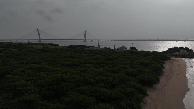 Distant aerial view of Sudarshan Setu cable stayed bridge connecting Okha and Beyt Dwarka, Gujarat