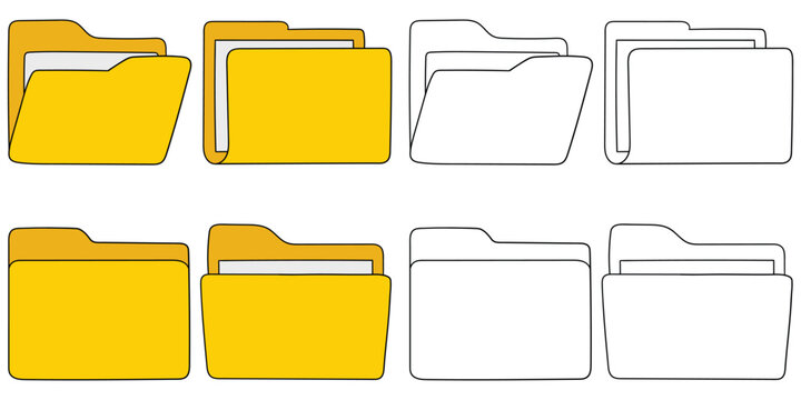 Hand-drawn cartoon and doodle set of file folder icons on a white background.
