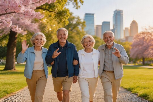 Elderly friends walking in park