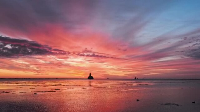Timelapse shot of sky and cloud reflections over calm lake Michigan in Chicago
