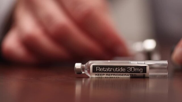 Closeup: Glass Retatrutide medication capsule for medical injector pen