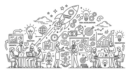 Obraz premium Business startup concept illustration featuring team collaboration with rocket launch icons and professional growth strategy elements