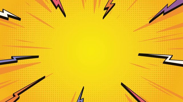 Dynamic comic book explosion motion graphic template with yellow background burst effect video