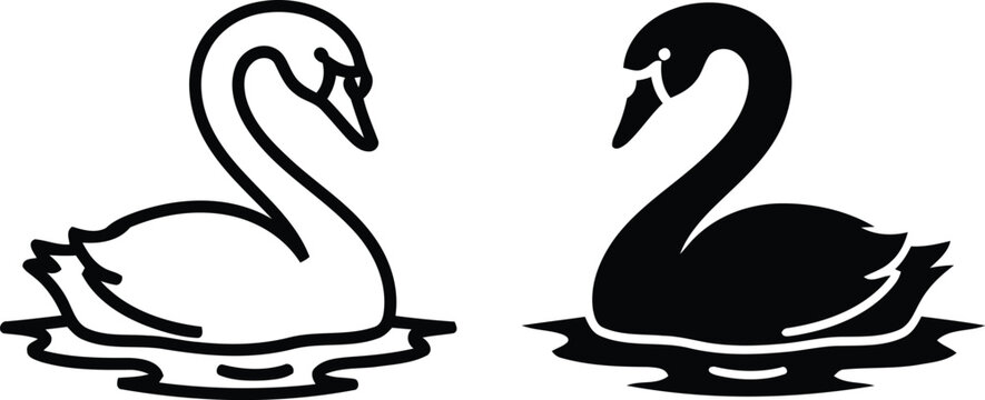 Silhouette icon set of black and white swans floating on water