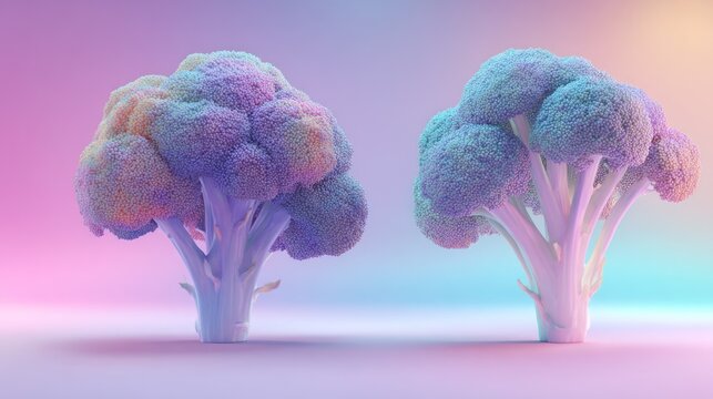 Two brightly illuminated edible florets stand prominently against a soft pastel background
