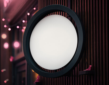 Mysterious Circular Sign on Wall at Night with Soft Pink Lights and Moody Atmosphere from a Front View in a Dark Environment