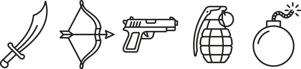 Fototapeta premium Line art illustration of sword, bow, gun, grenade, and bomb