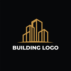 Fototapeta premium Modern Gold Building Logo Design on Black Background Minimalist Corporate Identity, Minimalist gold building logo vector design isolated on black background for branding.