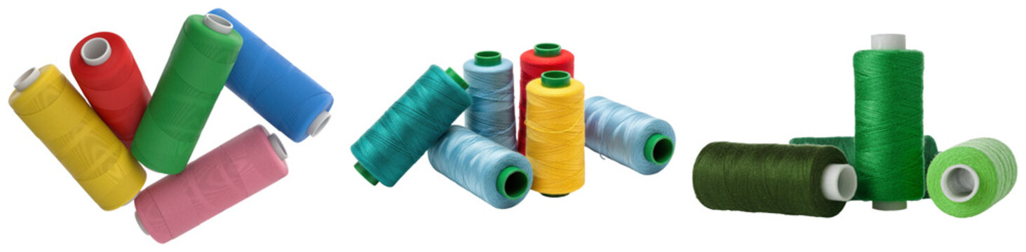 Colorful sewing thread spools in various arrangements, showcasing crafting and textile concepts.