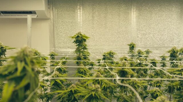 Indoor cannabis cultivation facility showing healthy marijuana buds and flowers under bright grow lights with controlled climate and ventilation systems.