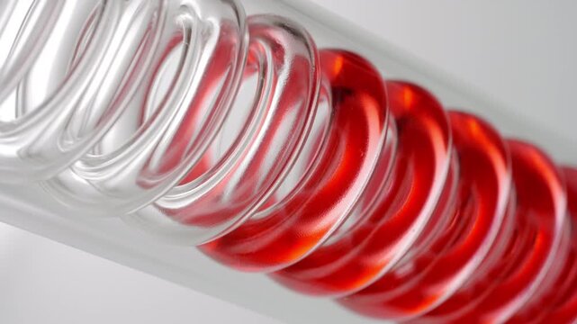 Close shot of red transparent fluid flowing through the spiral of an inclined coil laboratory condenser, filling it up on grey background | Goji berry liquid extract skincare ingredient concept