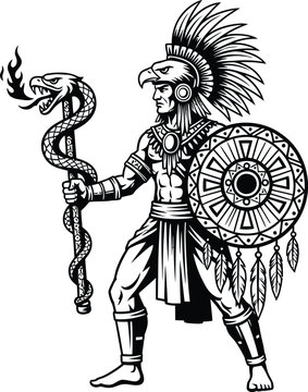 Silhouette illustration of an Aztec eagle warrior holding a serpent staff