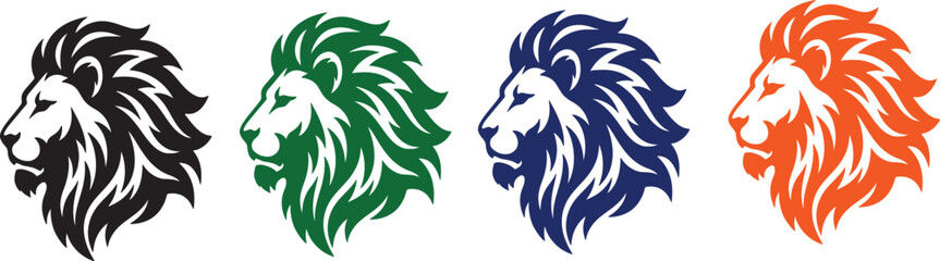 Four Lion Head Profile Vector Illustrations in Colorful Silhouettes © Hasibulla