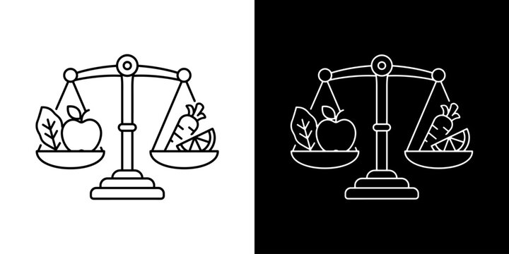 Balanced diet scale icon concept in flat black and white style on clean background vector illustration design.