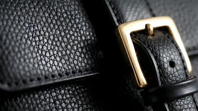 Close up of black pebbled leather bag with gold buckle detail.