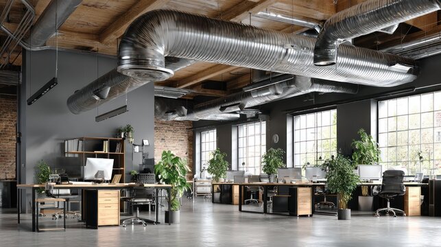 Industrial style open plan workspace features exposed ceiling ductwork and natural light