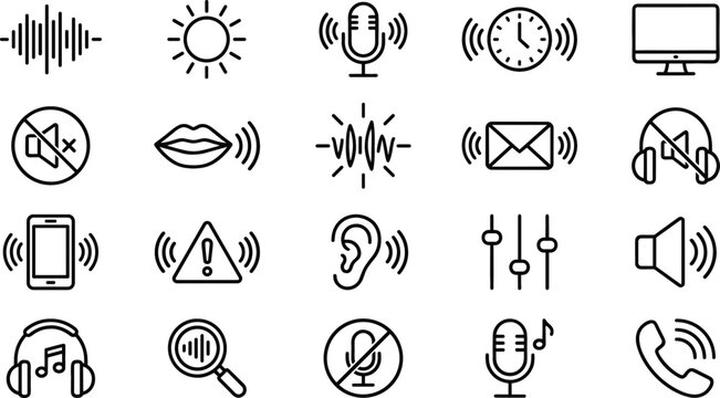 Audio sound and voice control line icon set vector illustration featuring microphone speaker volume waves mute commands headphones and notification signals.