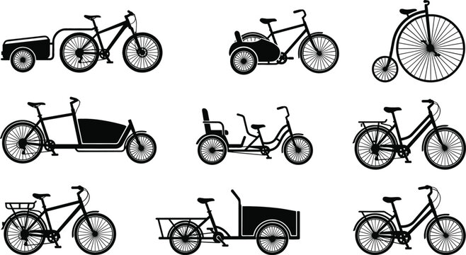 Bicycle and cargo bike black silhouette icon set vector illustration featuring city cruisers tandems tricycles vintage penny farthings and delivery trailers.