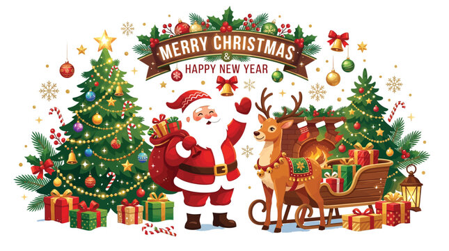 Santa Claus with reindeer and Christmas gifts standing by decorated pine trees for festive holiday celebration