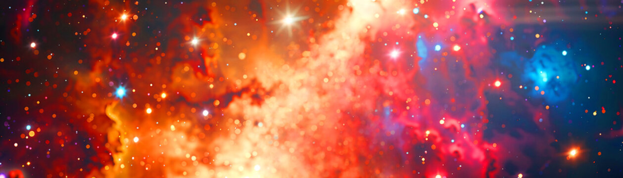 A vivid cosmic scene filled with colorful nebulae, bright stars, and deep space dust in vibrant reds, blues, and oranges.
