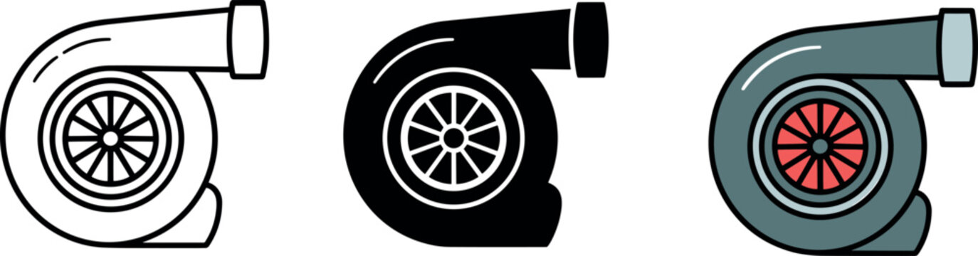 Turbocharger vector icon set featuring linear silhouette and colored flat designs for automotive performance tuning and car engine concepts