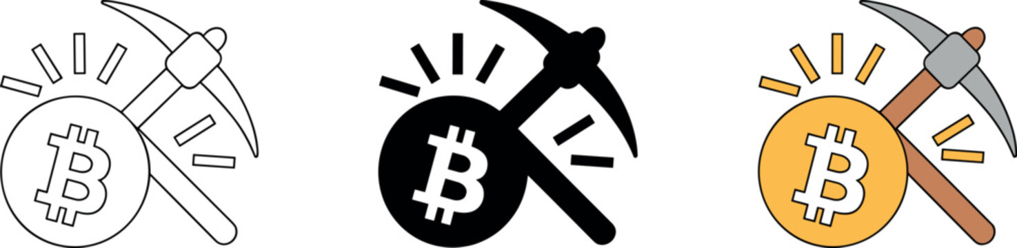 Bitcoin crypto mining vector icon set featuring line art silhouette and colored pickaxe designs for cryptocurrency blockchain technology and finance concepts