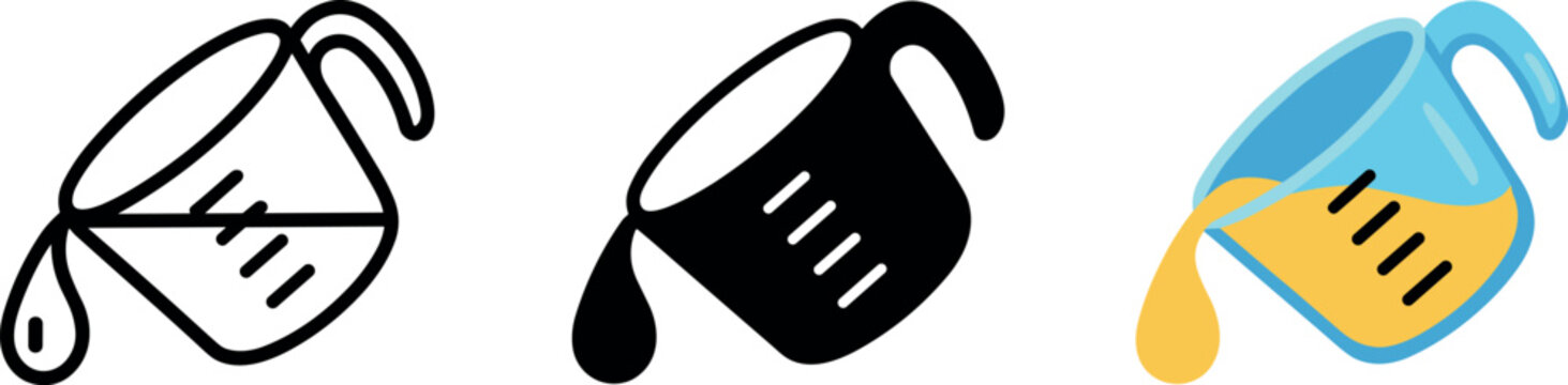Pouring measuring cup vector icon set with liquid drop line art silhouette and color versions for cooking design
