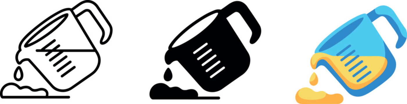 Pouring measuring cup vector icon set with liquid drop line art silhouette and color versions for cooking design
