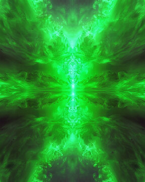 A vivid green fractal pattern creating a symmetrical, glowing tunnel effect that appears to extend infinitely with a bright light at the center.