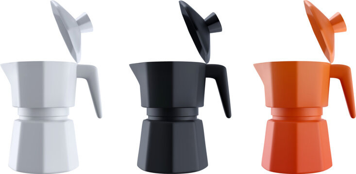 3D render of three moka pots in white, black and orange colors with open lids. Classic Italian stovetop espresso coffee makers isolated on white background for kitchen appliance design. Realistic vect