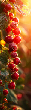 Sunlit red currants hang in clusters on a leafy branch, glowing warmly in golden sunlight with a vibrant autumnal atmosphere.