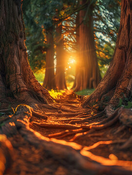 Sunlight filters through towering trees, illuminating a forest path lined with exposed roots and rich textures at golden hour.