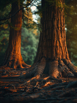 Close-up of large tree trunks with textured bark in a forest, illuminated by warm sunlight filtering through branches.