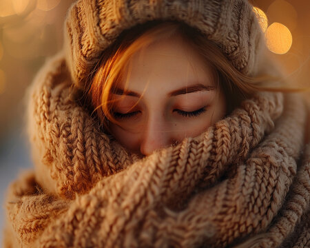 A close-up of a woman bundled in warm knitted clothing with eyes closed, evoking a cozy and peaceful winter atmosphere.