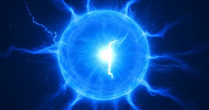 Electric energy plasma lightning blue sphere glow abstract power electricity, luminous sci fi orb with radiant light burst in dark space background, futuristic technology concept, glowing science art