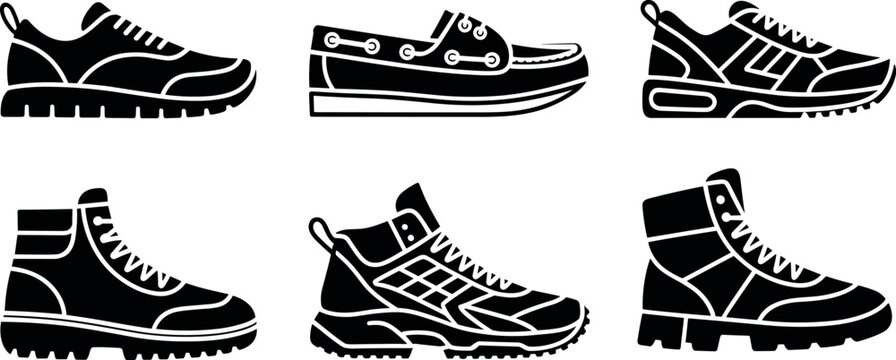 Men shoes and boots vector icon set with black silhouette sneaker trainer loafer and hiking footwear