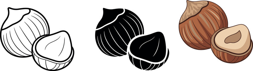 Obraz premium Fresh hazelnut vector icon set with outline black silhouette and brown colored organic food illustrations