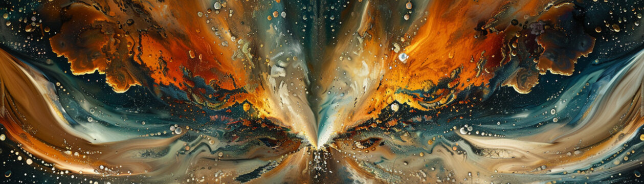 Abstract digital artwork featuring a symmetrical explosion of fiery orange, brown, and teal hues with dynamic swirling patterns and textured details.