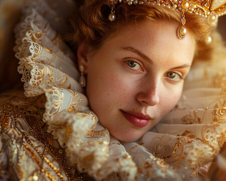 A regal woman with delicate red hair wears an ornate golden crown and intricate lace collar, exuding elegance and historical royal charm.