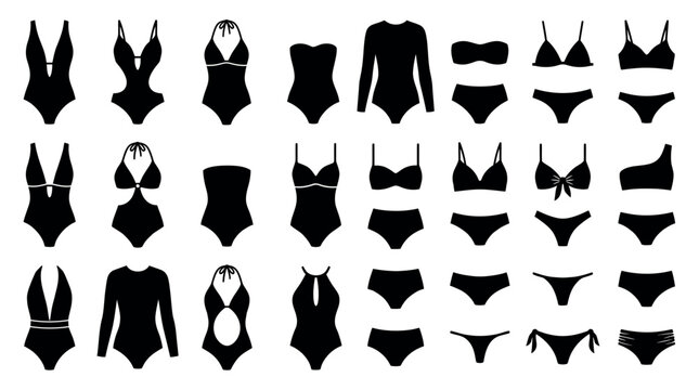Collection of various women's swimwear silhouettes including bikinis and one-piece suits on white background, representing fashion catalog design and summer apparel marketing
